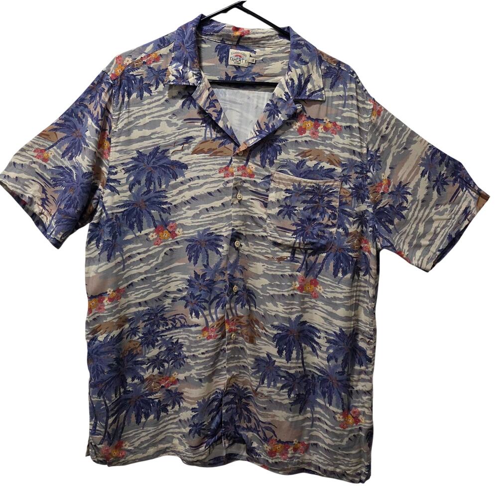 FAHERTY Men's Short Sleeve Button-Down 100% Viscose Island Print Shirt Large